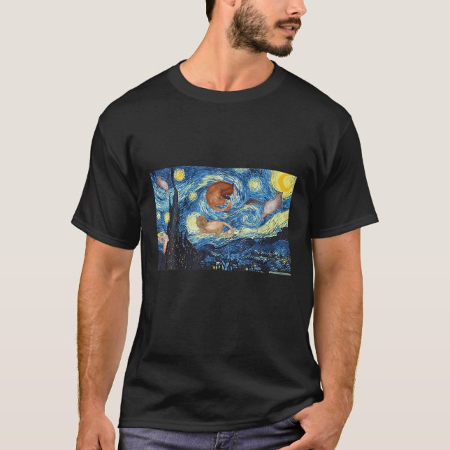 Starry Night Cats Van Gogh Famous Painting Cat Lov T-Shirt (Front)