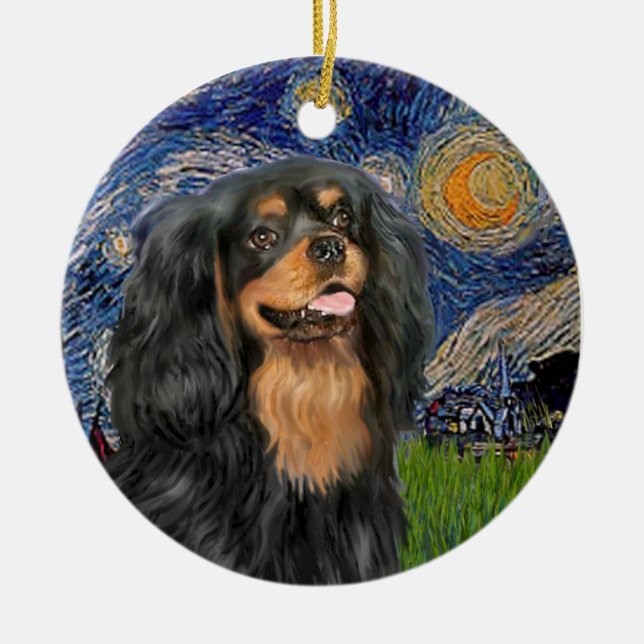 Starry Night - Cavalier (black / Tan) Ceramic Tree Decoration (Front)