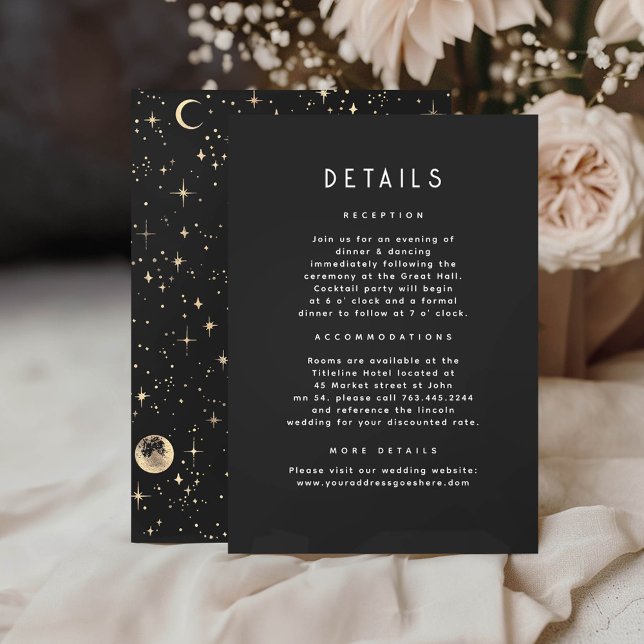 Starry Night Celestial Black Gold Wedding Details Enclosure Card (Celestial Black Details Cards)
