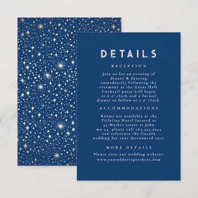 Starry Night Celestial Blue Gold Wedding Details Enclosure Card (Front/Back)