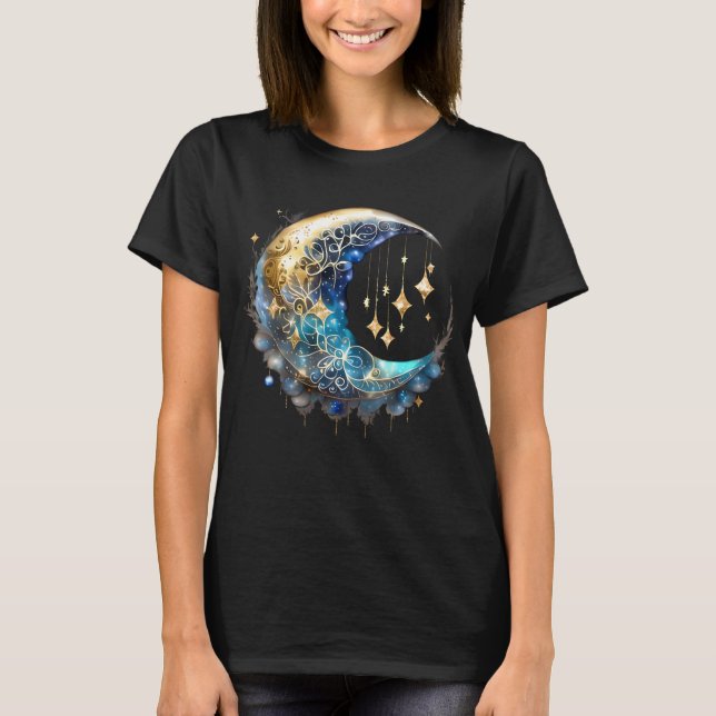 Starry night celestial gold blue fantasy moon T-Shirt (Front)
