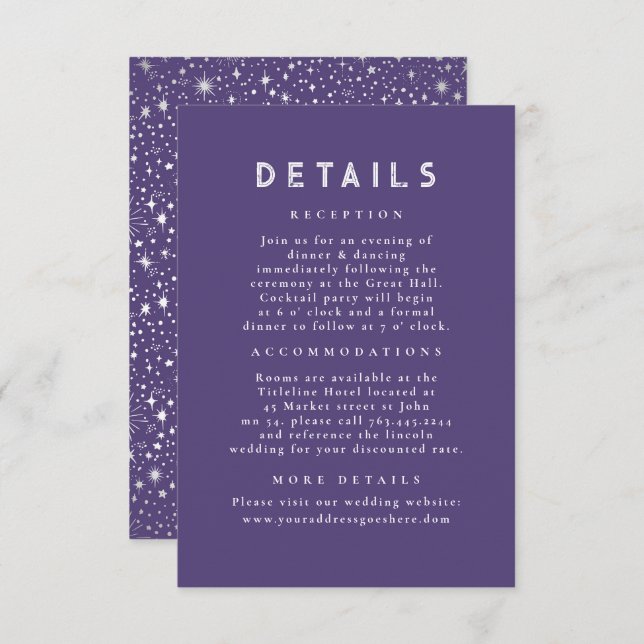 Starry Night Celestial Purple Wedding Details Enclosure Card (Front/Back)