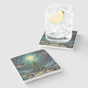 Starry Night Christmas Stone Coaster Santa Sleigh