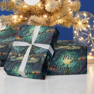 Starry Night Christmas Wrapping Paper Santa Sleigh