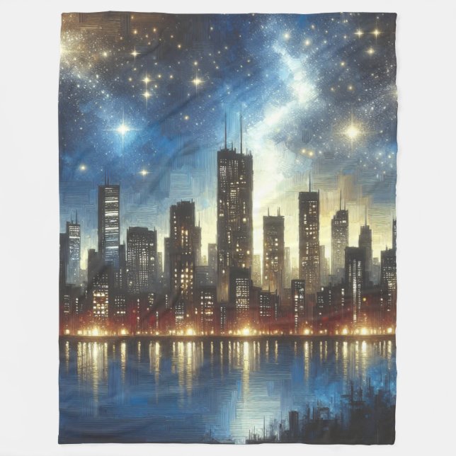 “Starry Night Cityscape Reflections” Fleece Blanket (Front)
