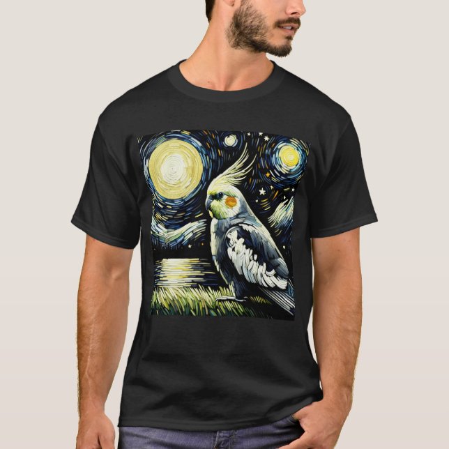 Starry Night Cockatiel Parrot Van Gogh Bird Lover T-Shirt (Front)