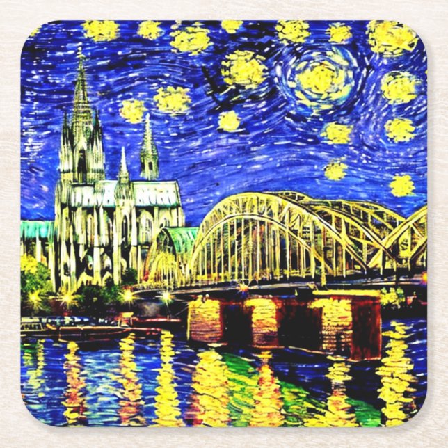 Starry Night Cologne Germany Cathedral Square Paper Coaster (Front)