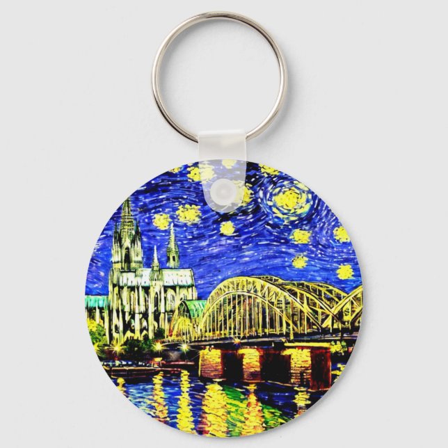 Starry Night Cologne Germany Cathedral Trucker Hat Key Ring (Back)
