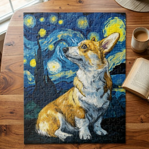 Starry Night Corgi Dog Impressionist Art Jigsaw Puzzle