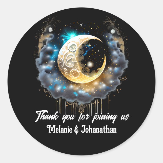 Starry night crescent glowing moon black blue chic classic round sticker (Front)