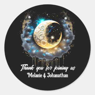 Starry night crescent glowing moon black blue chic classic round sticker