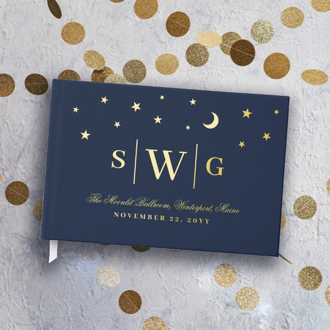 Starry Night Dark Blue & Gold Monogram Wedding Guest Book (Creator Uploaded)