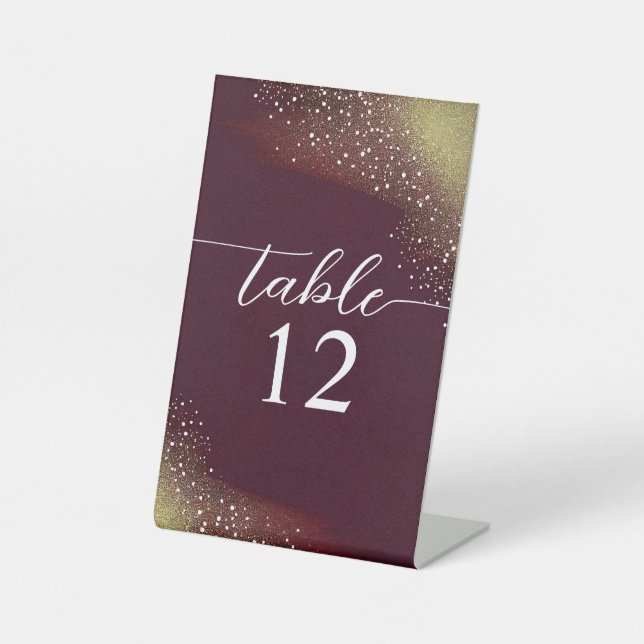 Starry Night Deep Crimson Wedding Table Number Pedestal Sign (Front)