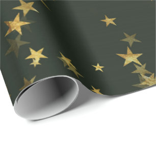 Starry Night Deep Green Forest Gold Confetti Wrapping Paper