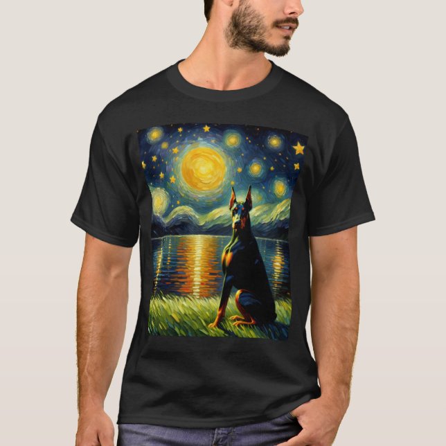 Starry Night Doberman Pinscher Dog Van Gogh Lover T-Shirt (Front)