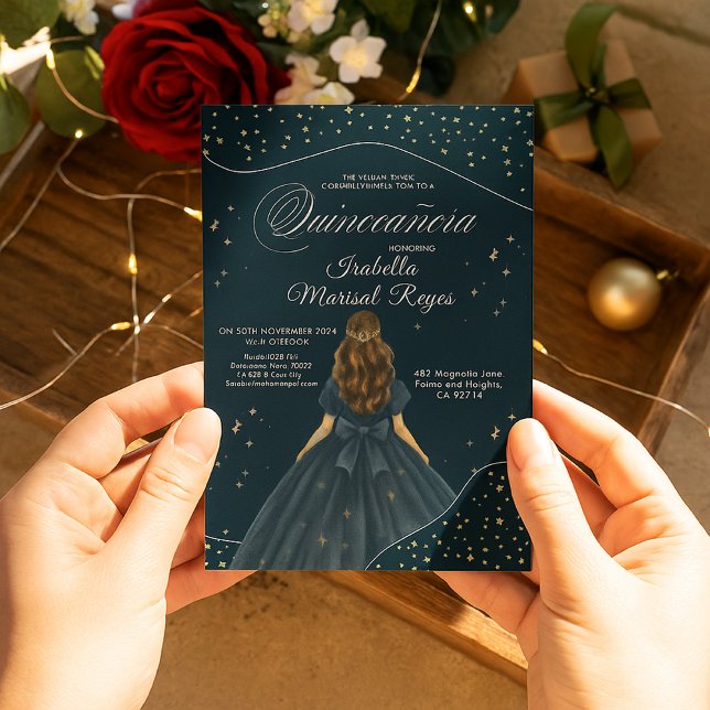 Starry Night Elegant Blue Gown Quinceañera Invitation (Creator Uploaded)