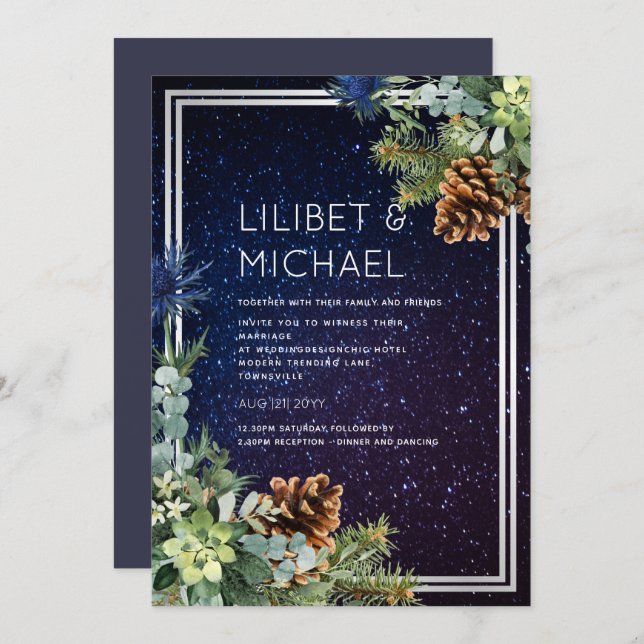 Starry Night Eucalyptus Blue Thistle WinterWedding Invitation (Front/Back)