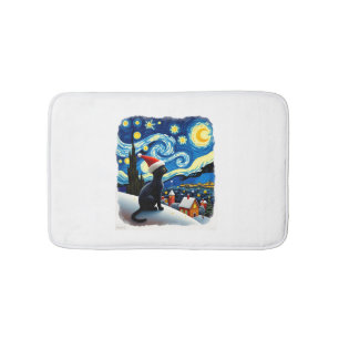 Starry Night Festive Christmas Black Cat Santa Hat Bath Mat