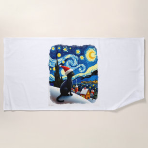 Starry Night Festive Christmas Black Cat Santa Hat Beach Towel