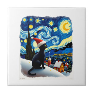 Starry Night Festive Christmas Black Cat Santa Hat Ceramic Tile