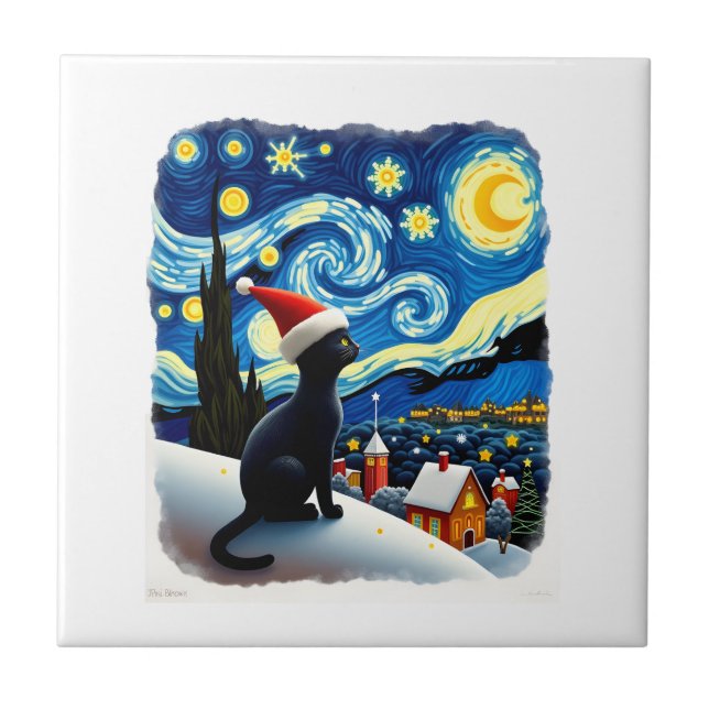 Starry Night Festive Christmas Black Cat Santa Hat Ceramic Tile (Front)