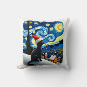 Starry Night Festive Christmas Black Cat Santa Hat Cushion