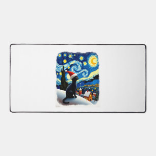 Starry Night Festive Christmas Black Cat Santa Hat Desk Mat