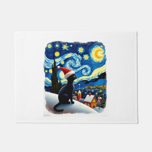 Starry Night Festive Christmas Black Cat Santa Hat Doormat
