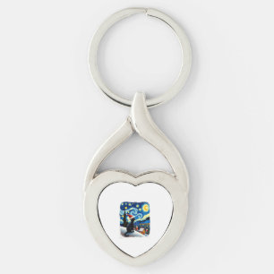 Starry Night Festive Christmas Black Cat Santa Hat Key Ring