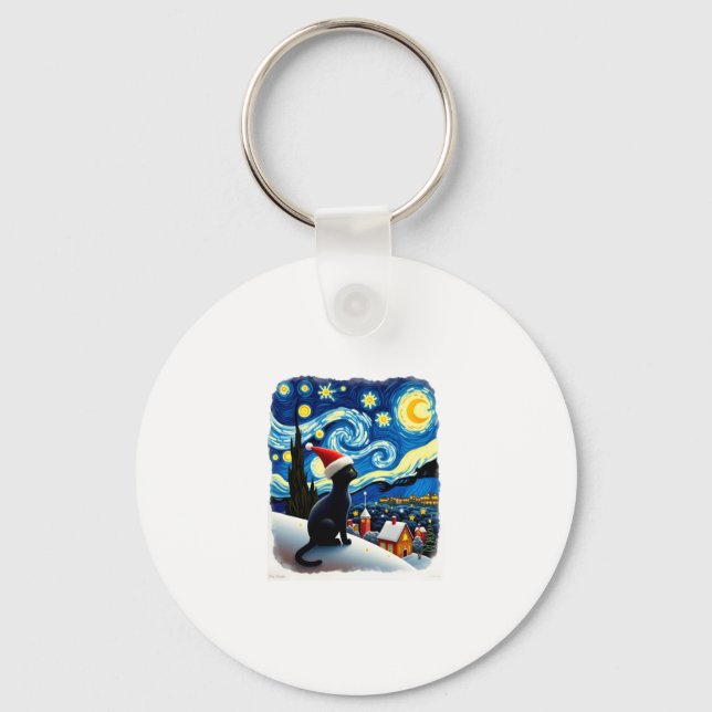 Starry Night Festive Christmas Black Cat Santa Hat Key Ring (Front)