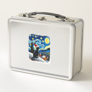Starry Night Festive Christmas Black Cat Santa Hat Metal Lunch Box