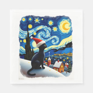 Starry Night Festive Christmas Black Cat Santa Hat Napkin