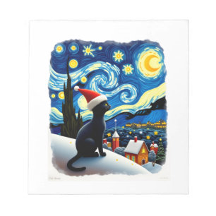Starry Night Festive Christmas Black Cat Santa Hat Notepad