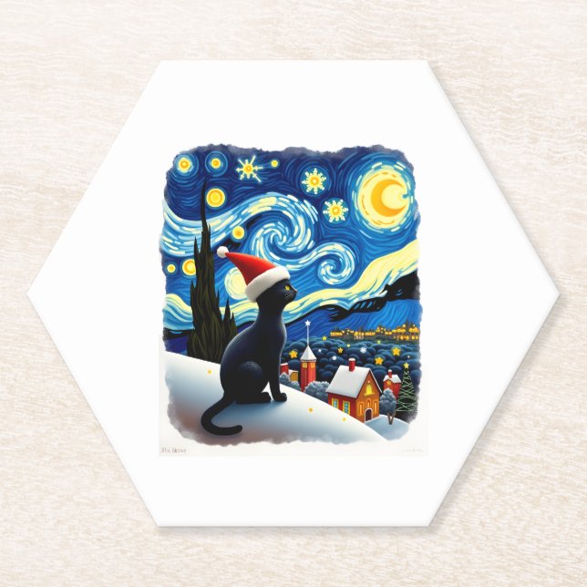 Starry Night Festive Christmas Black Cat Santa Hat Paper Coaster (Front)
