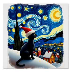 Starry Night Festive Christmas Black Cat Santa Hat Poster