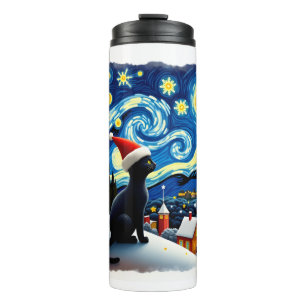 Starry Night Festive Christmas Black Cat Santa Hat Thermal Tumbler
