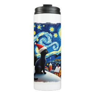 Starry Night Festive Christmas Black Cat Santa Hat Thermal Tumbler