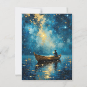 Starry night fishing boat postcard