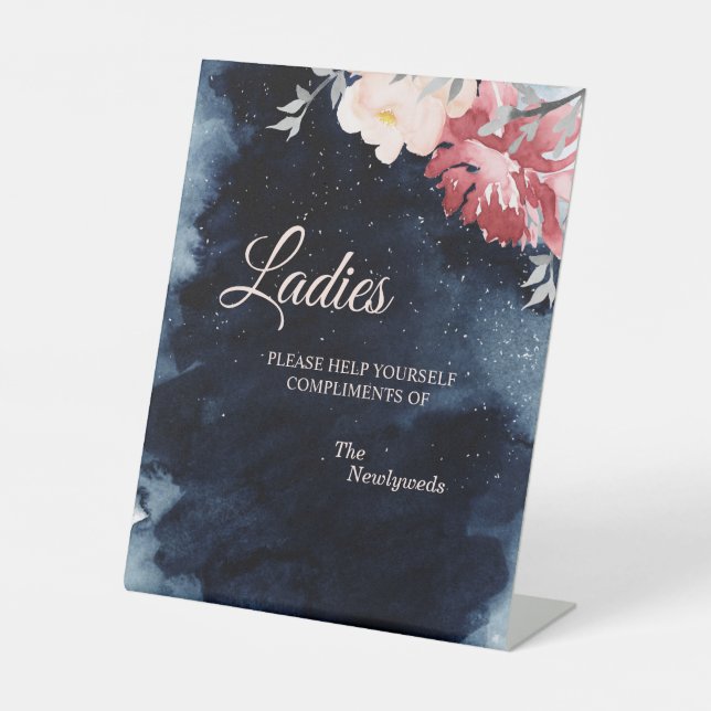 Starry Night Floral Wedding Ladies Bathroom Pedestal Sign (Front)