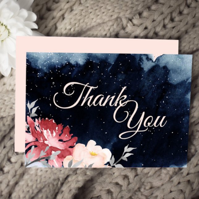 Starry Night Floral Wedding Thank You Flat Card (Creator Uploaded)