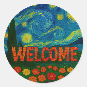 Starry Night Floral Welcome Artistic Design Classic Round Sticker