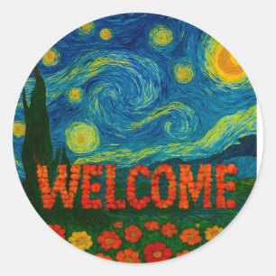 Starry Night Floral Welcome Artistic Design Classic Round Sticker