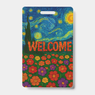 Starry Night Floral Welcome Artistic Design ID Badge