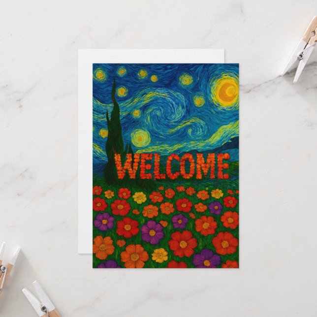 Starry Night Floral Welcome Artistic Design Invitation (Front/Back In Situ)