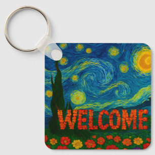 Starry Night Floral Welcome Artistic Design Key Ring