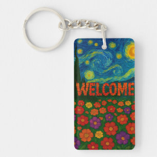 Starry Night Floral Welcome Artistic Design Key Ring