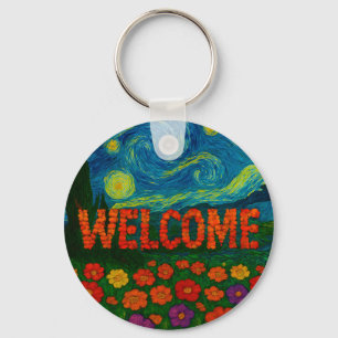 Starry Night Floral Welcome Artistic Design Key Ring