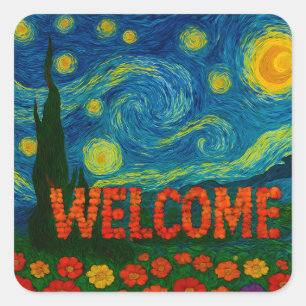 Starry Night Floral Welcome Artistic Design Square Sticker