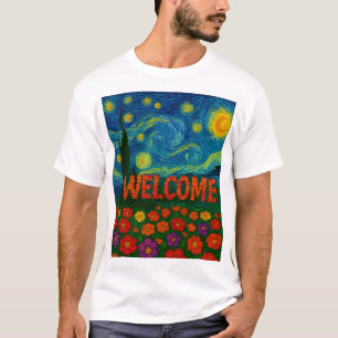 Starry Night Floral Welcome Artistic Design T-Shirt