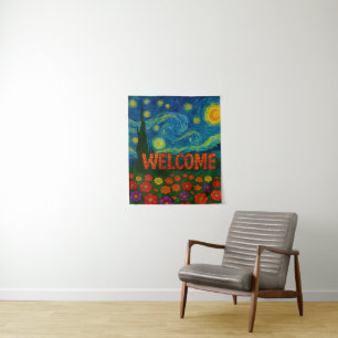 Starry Night Floral Welcome Artistic Design Tapestry
